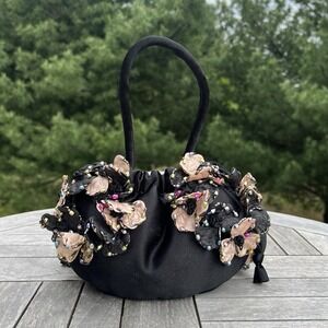 Black Satin Evening Handbag Pink & Black 3D Flowers w/Beads Drawstring‎ Purse